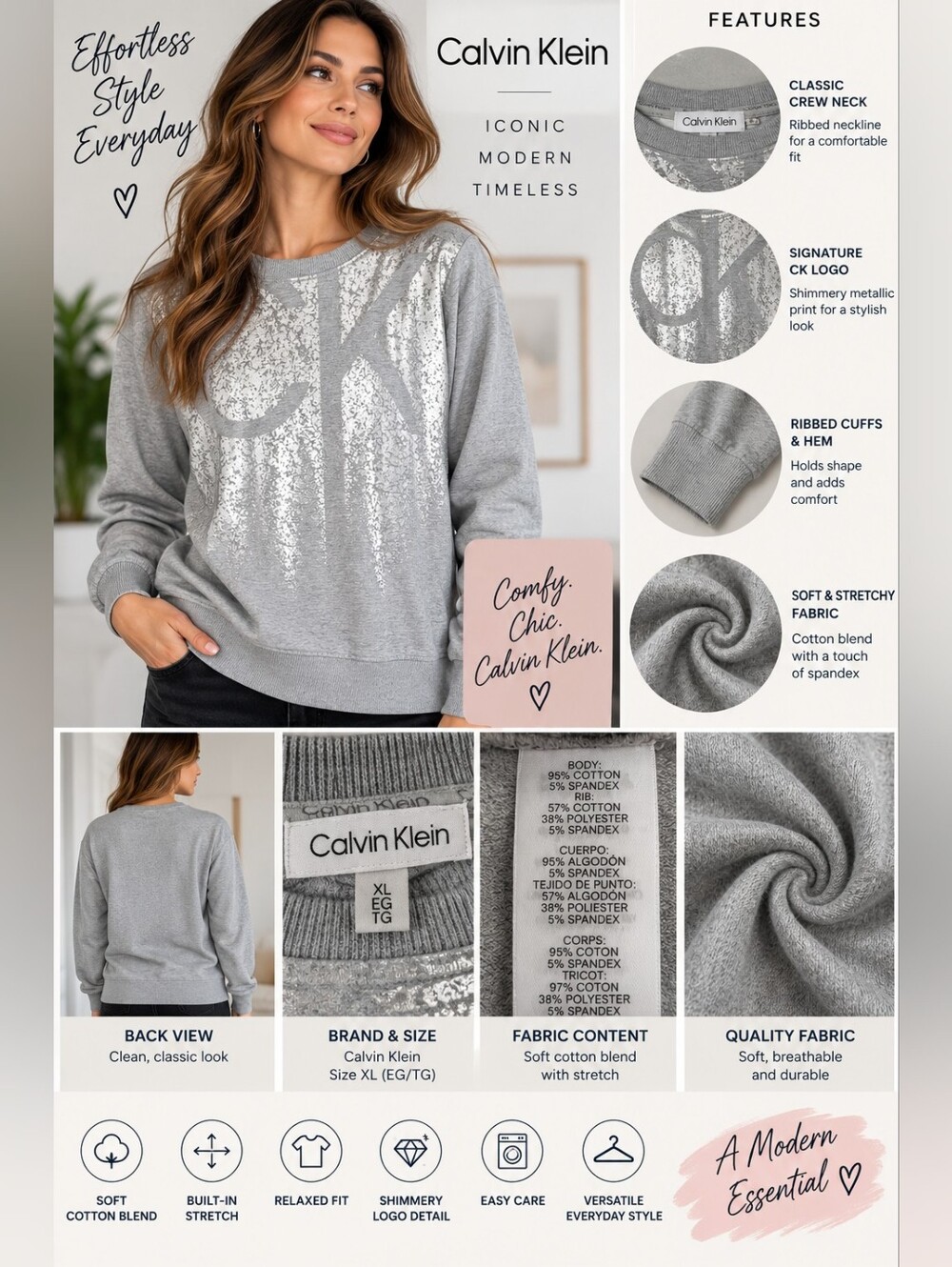 Calvin Klein Silver Gray Metallic Logo Crewneck Sweatshirt